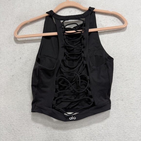 Alo Yoga Tank Top Womens Small Black High Neck Strappy Back Cropped Bra - Picture 4 of 8